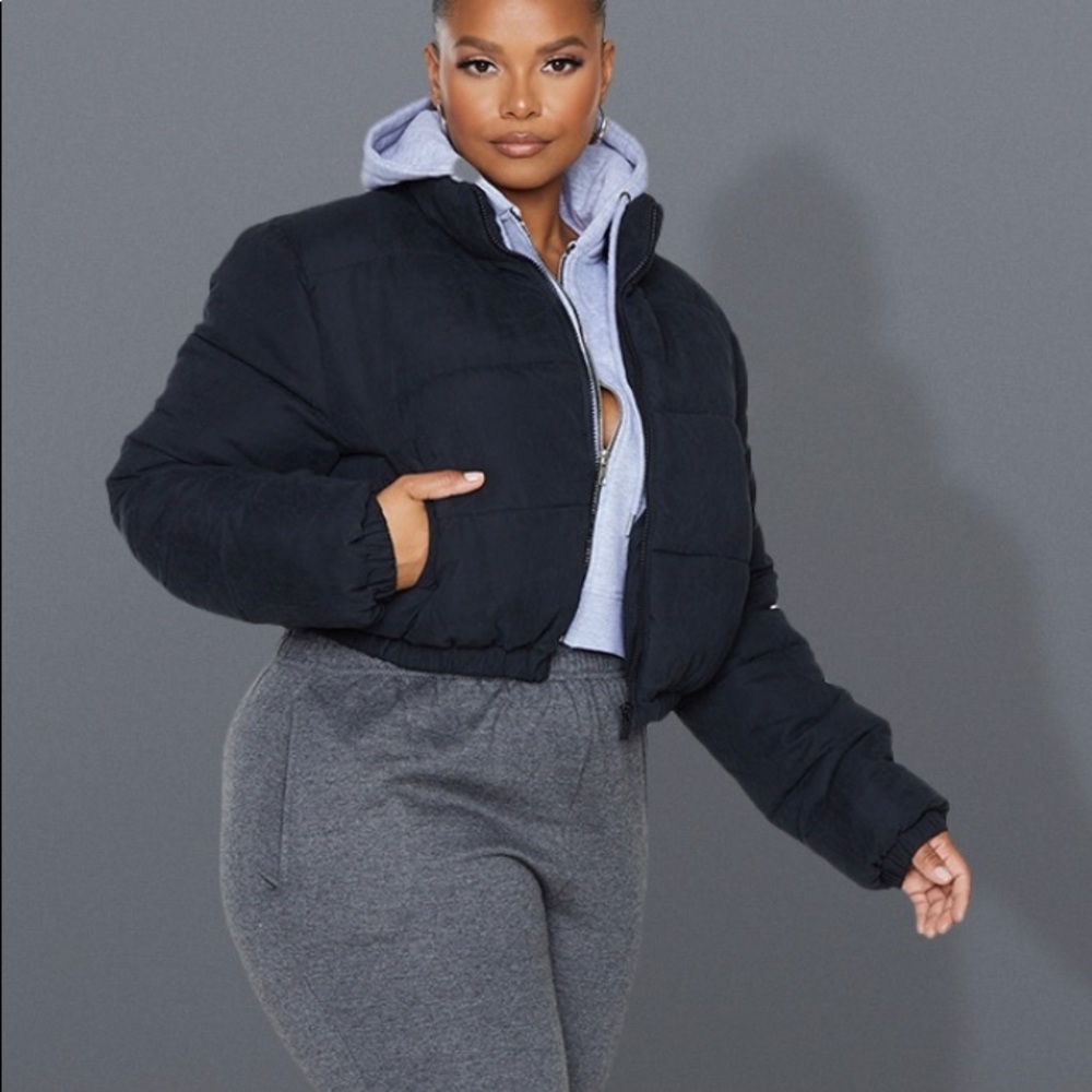 Black Peach Skin Cropped Puffer Jacket